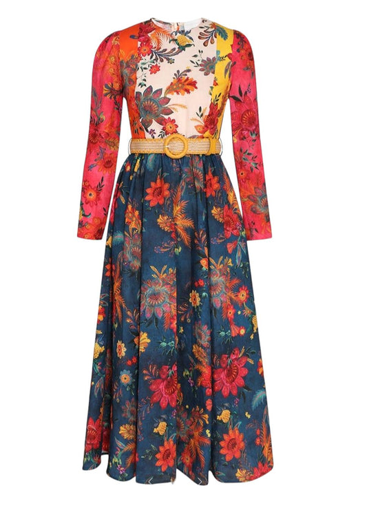 Zimmermann Ginger Long Sleeve Midi Dress | Colourful, Spliced, Linen, Waist Belt