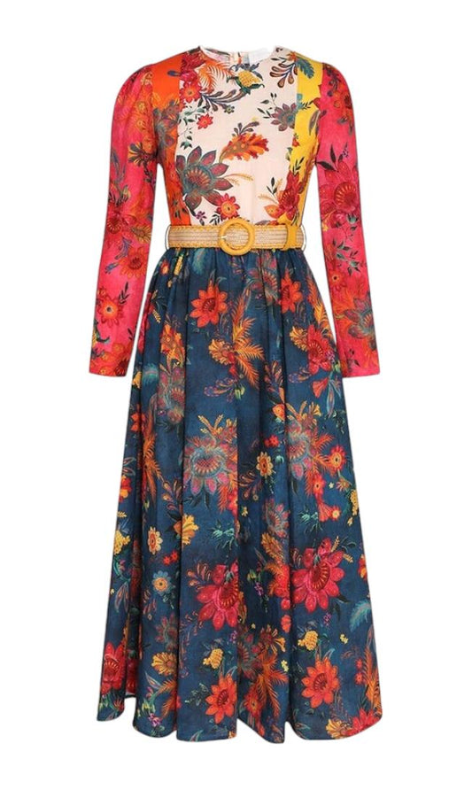 Zimmermann Ginger Long Sleeve Midi Dress | Colourful, Spliced, Linen, Waist Belt