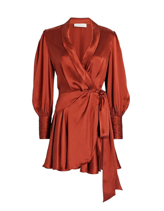 Zimmermann Silk Wrap Mini Dress | Pumpkin/Red, Silk, Cocktail, Dolman Sleeves