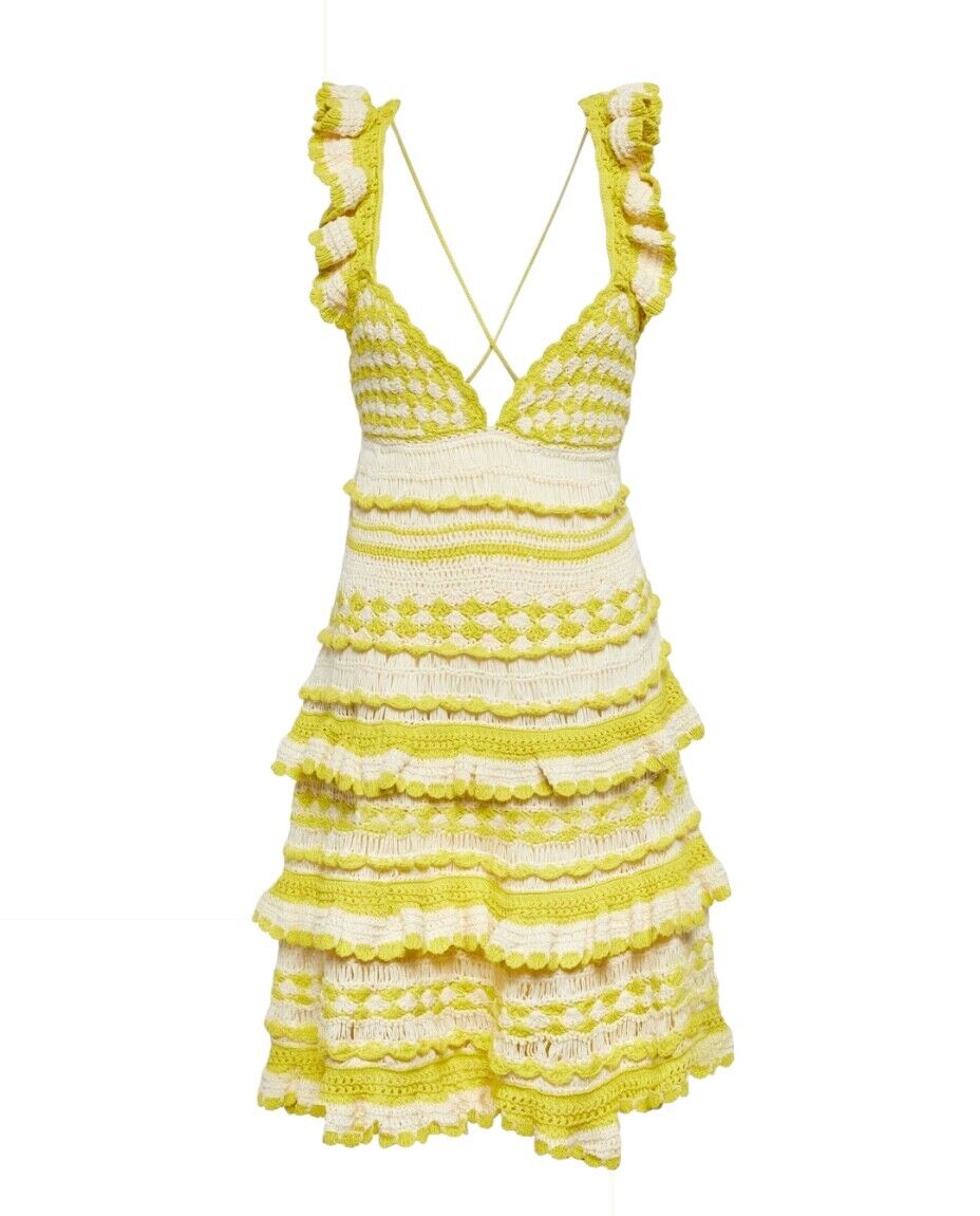 Zimmermann Halycon Crochet Frill Mini Dress | Yellow/Cream, Tiered, Cotton