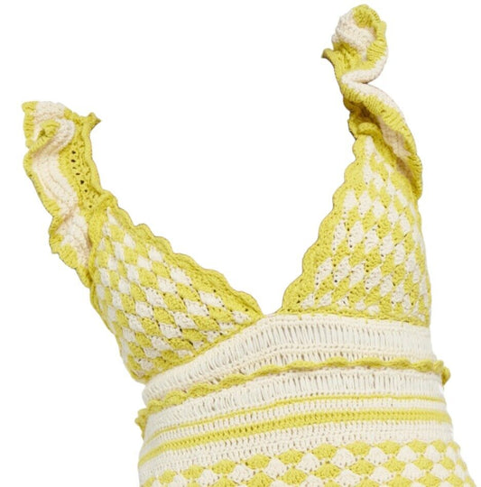 Zimmermann Halycon Crochet Frill Mini Dress | Yellow/Cream, Tiered, Cotton