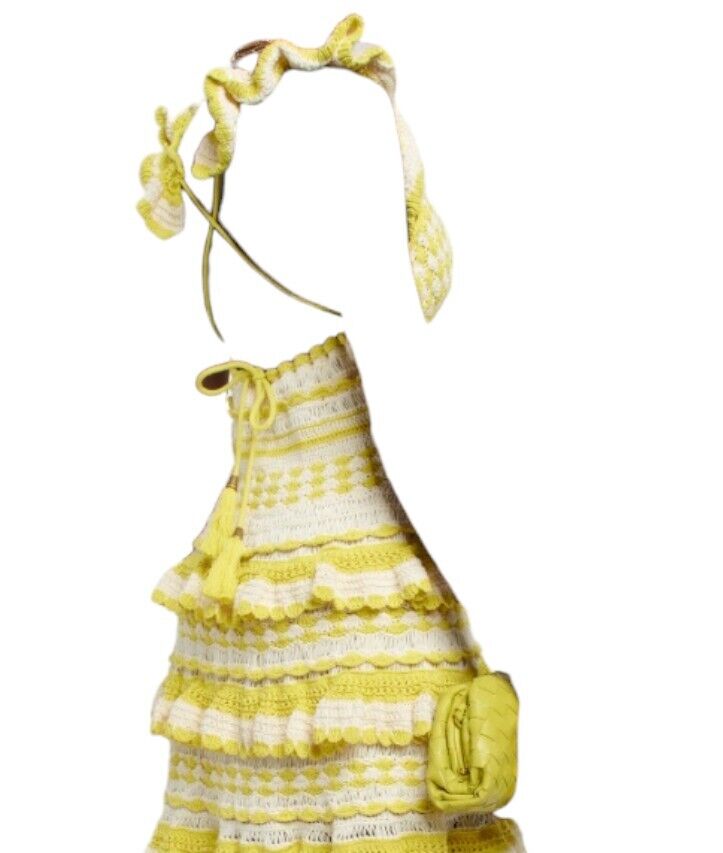 Zimmermann Halycon Crochet Frill Mini Dress | Yellow/Cream, Tiered, Cotton