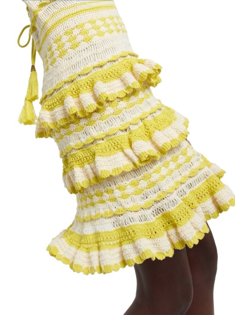 Zimmermann Halycon Crochet Frill Mini Dress | Yellow/Cream, Tiered, Cotton