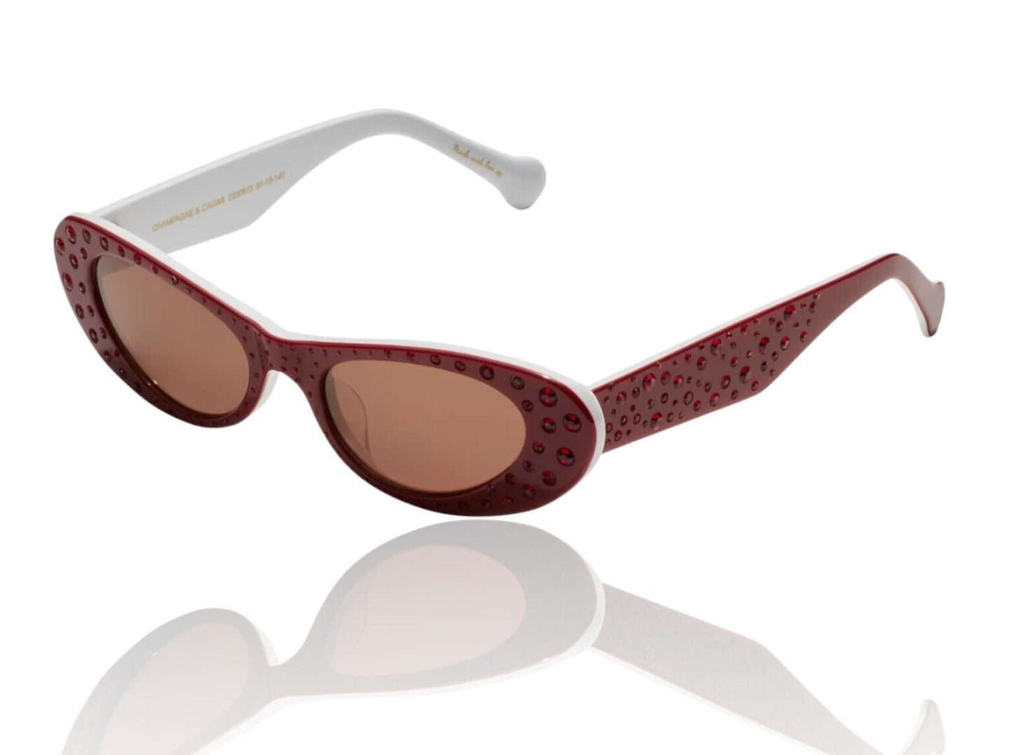 Camilla Champagne & Caviar Sunglasses |  Red/White Crystals, Cats Eye, Hand-Made