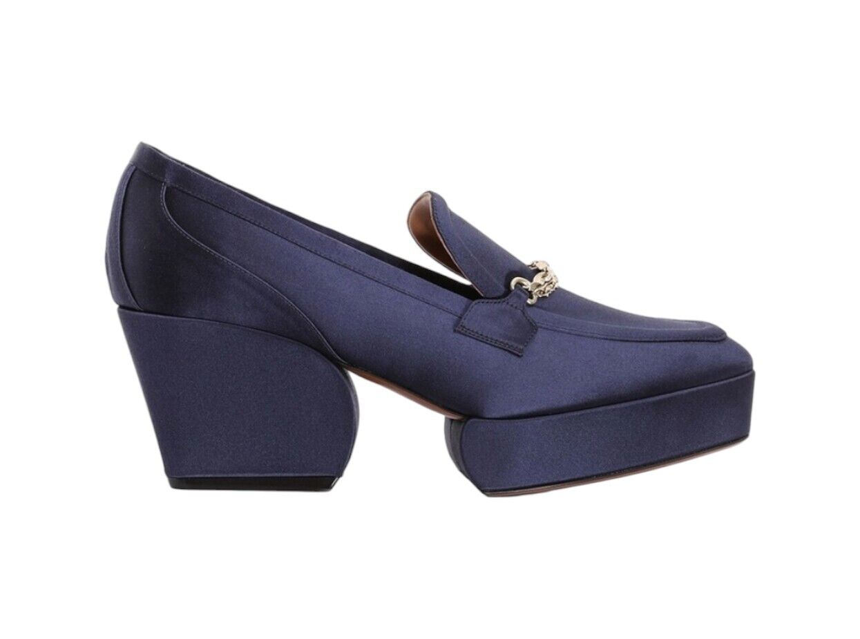 Zimmermann Crescent Satin Loafer | Navy Blue, Platform, Gold Chain,Italian Made