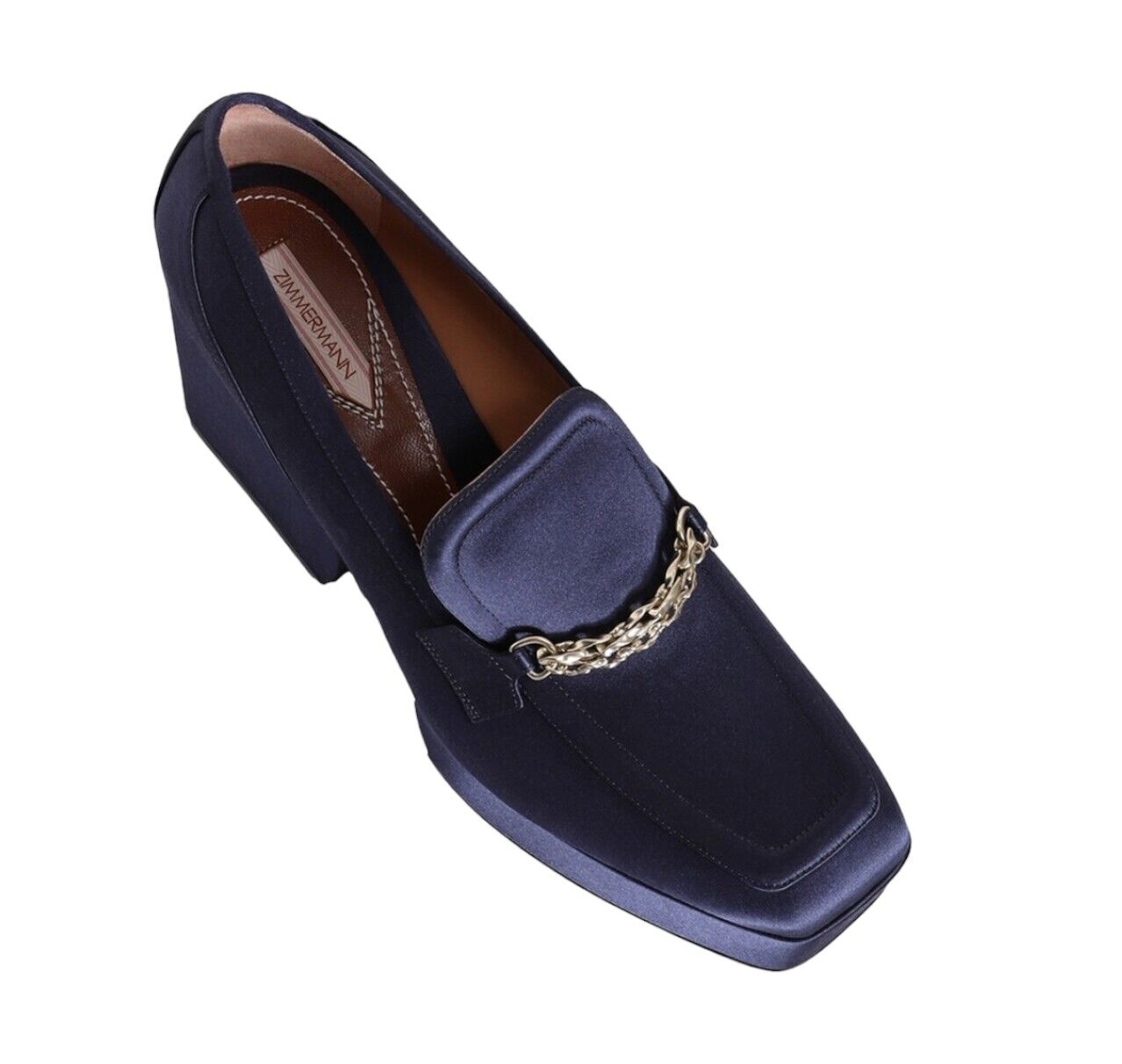 Zimmermann Crescent Satin Loafer | Navy Blue, Platform, Gold Chain,Italian Made