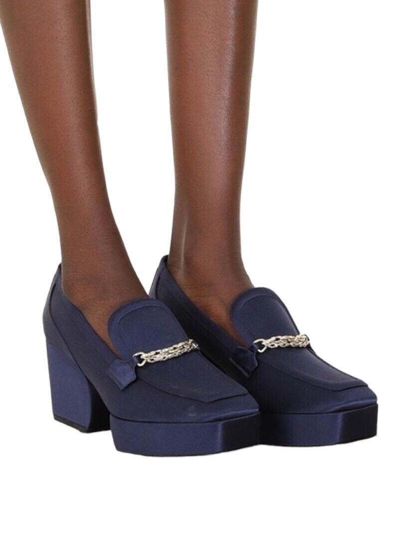 Zimmermann Crescent Satin Loafer | Navy Blue, Platform, Gold Chain,Italian Made