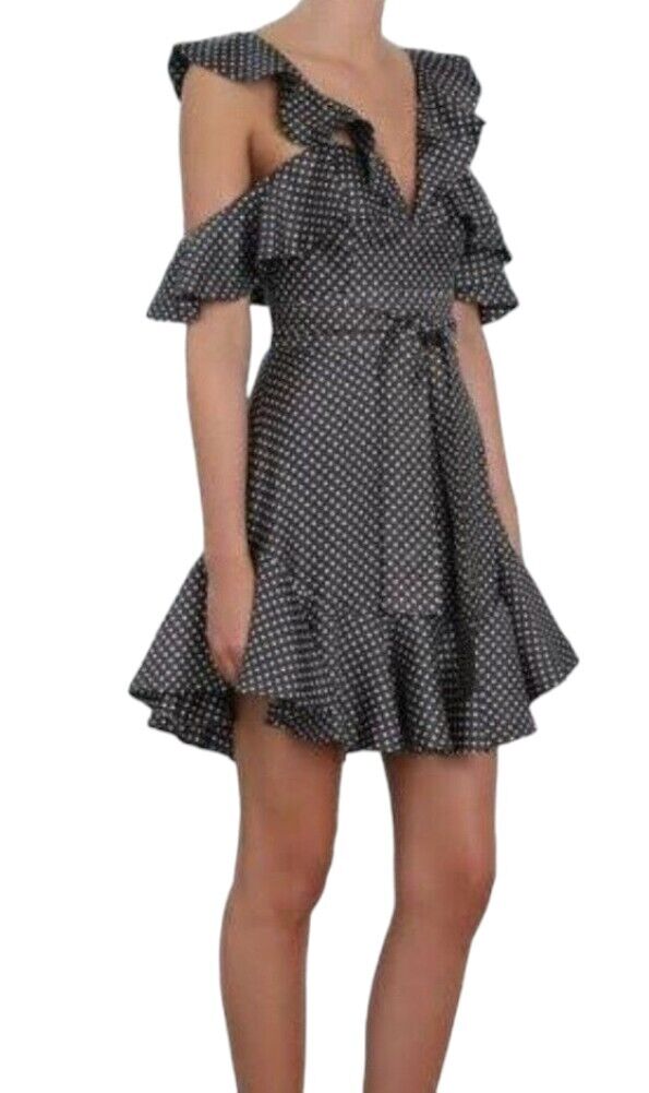 Zimmermann Painted Heart V Dress | Grey/White Polka Dot, Frills, Ruffles, Silk