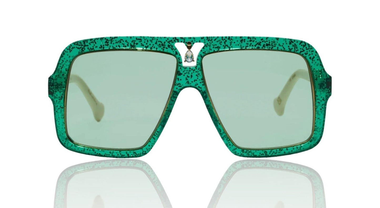 Camilla Starry Nights Sunglasses | Emerald Green Glitter, Hand-Made, Aviator