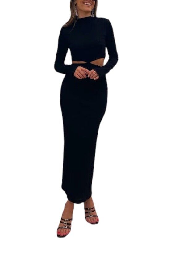 CAMILLA & MARC Nemesia Dress | Black, Side Cut Outs, Long Sleeve, Maxi/Midi, LBD