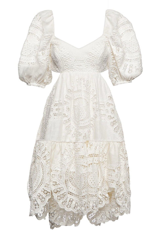 Zimmermann Vacay Lace Mini Dress | White, Linen/Cotton, Cut Out, Open Back, Puff