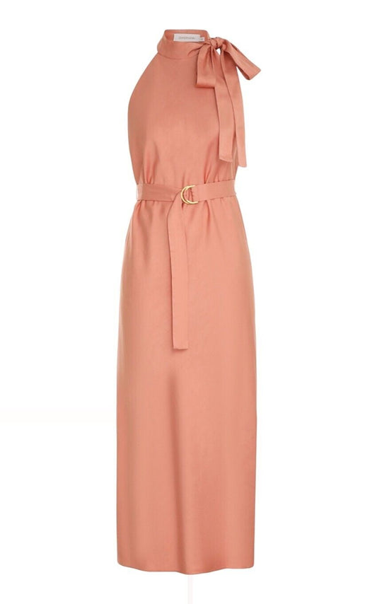 Zimmermann Neck Tie Bias Dress | Lipstick/Peach/Pink, Belt, Linen/Viscose