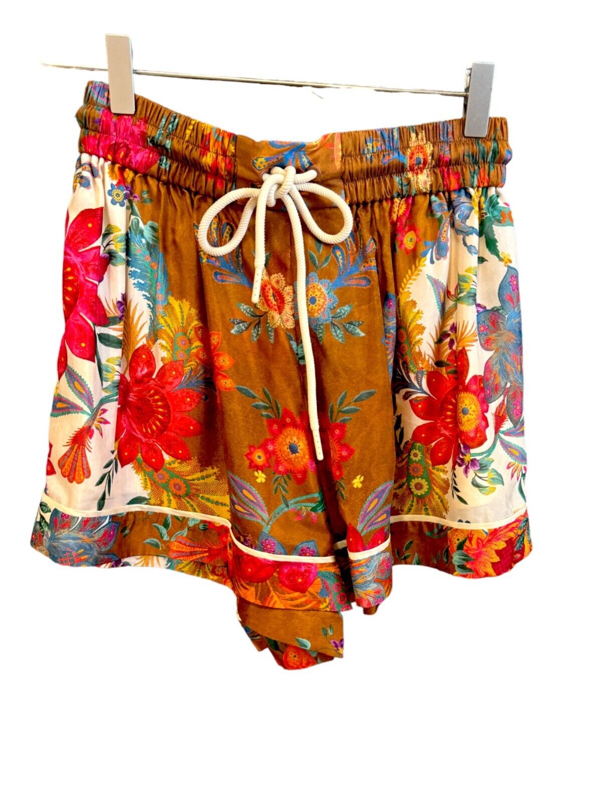 Zimmermann Ginger Relaxed Short |Cream/Brown Floral, 100% Silk, Drawstring Waist