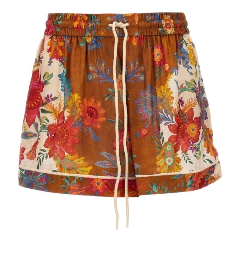 Zimmermann Ginger Relaxed Short |Cream/Brown Floral, 100% Silk, Drawstring Waist