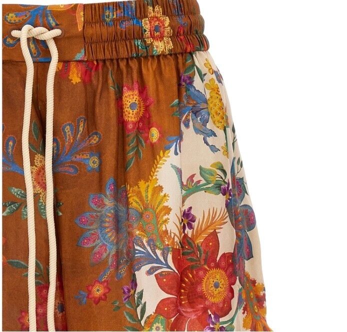 Zimmermann Ginger Relaxed Short |Cream/Brown Floral, 100% Silk, Drawstring Waist