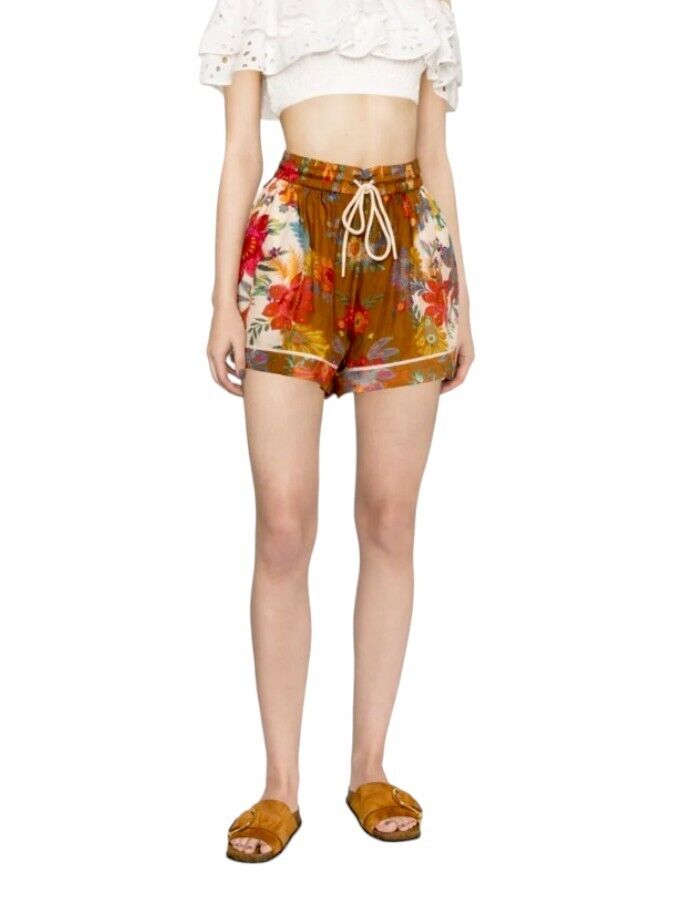 Zimmermann Ginger Relaxed Short |Cream/Brown Floral, 100% Silk, Drawstring Waist