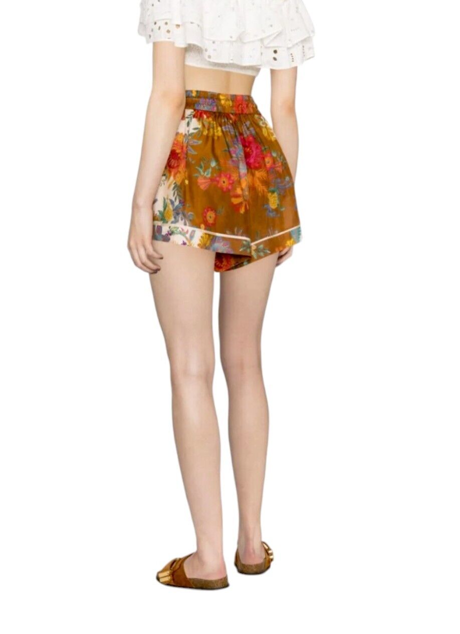 Zimmermann Ginger Relaxed Short |Cream/Brown Floral, 100% Silk, Drawstring Waist