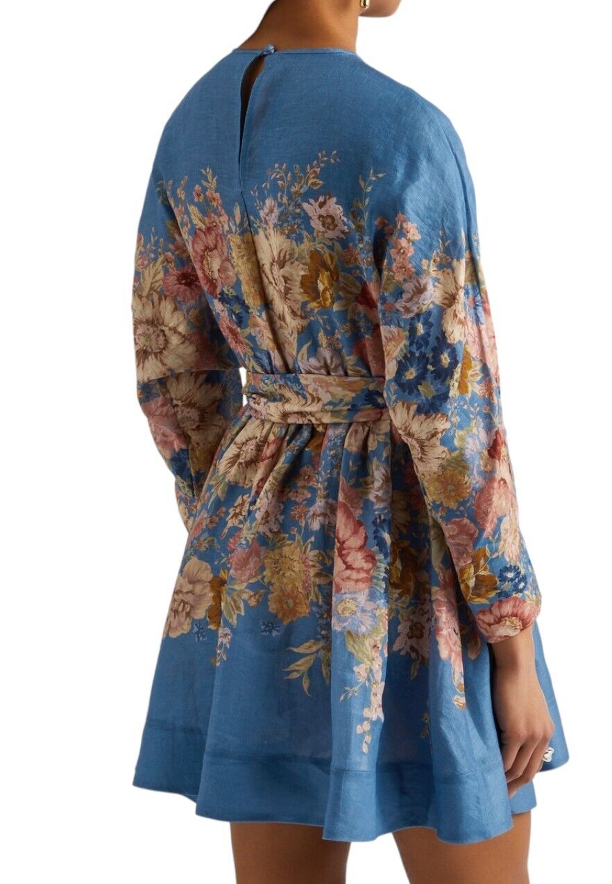 Zimmermann August Long Sleeve Mini Dress | Dusty Blue Floral, Linen, Tie Belt