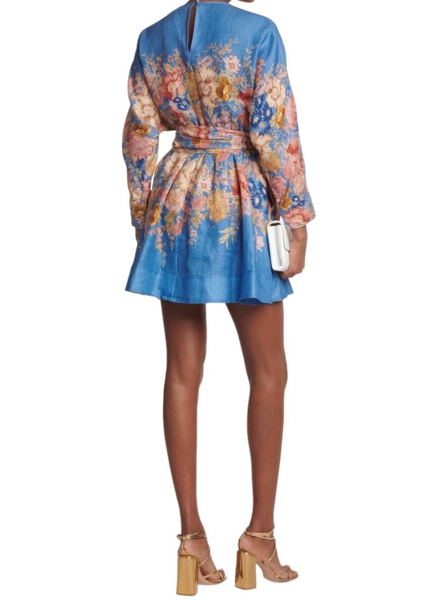 Zimmermann August Long Sleeve Mini Dress | Dusty Blue Floral, Linen, Tie Belt