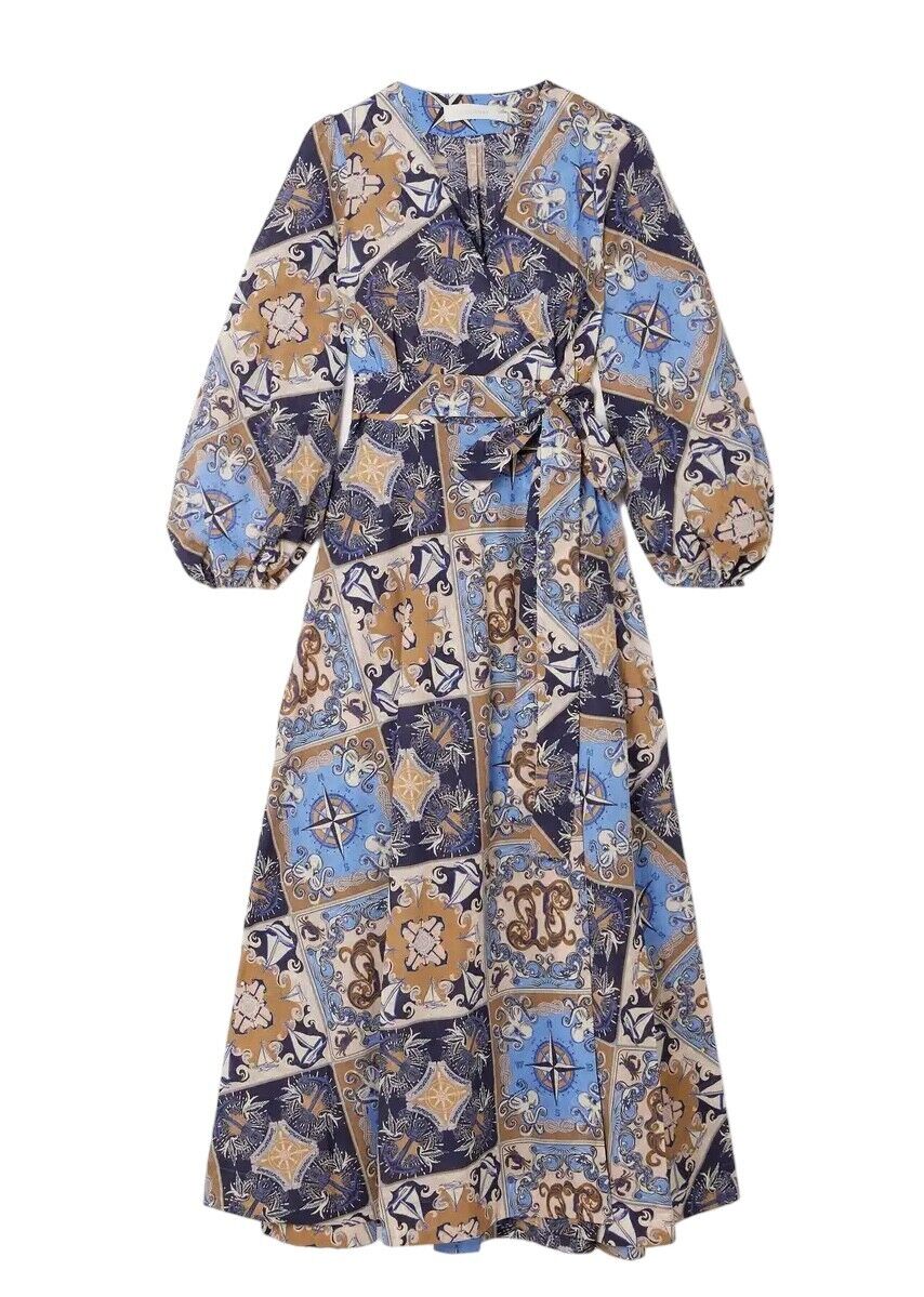 Zimmermann Alight Wrap Midi Dress | Blue Nautical Print, Puff Sleeve, Cotton