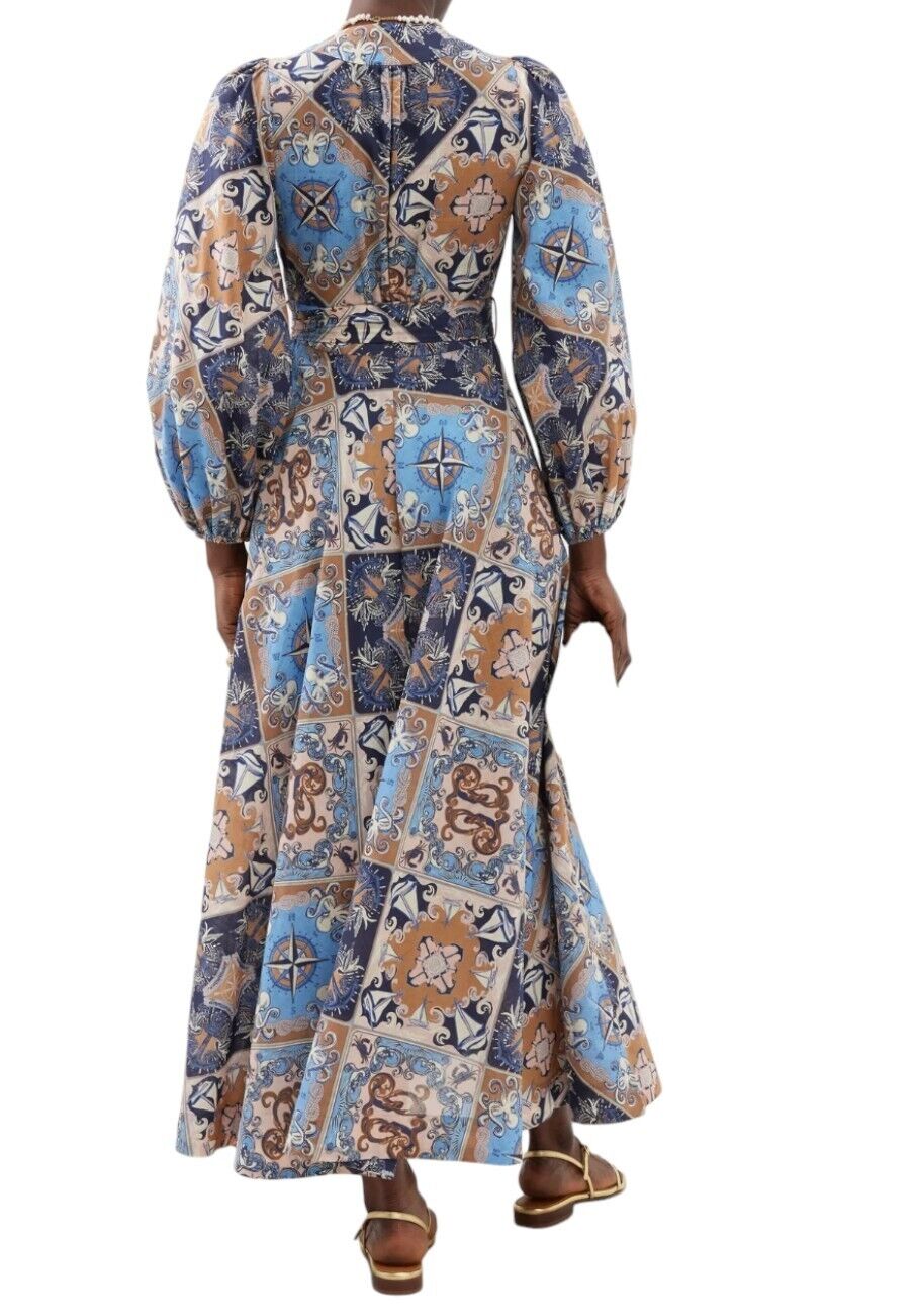 Zimmermann Alight Wrap Midi Dress | Blue Nautical Print, Puff Sleeve, Cotton