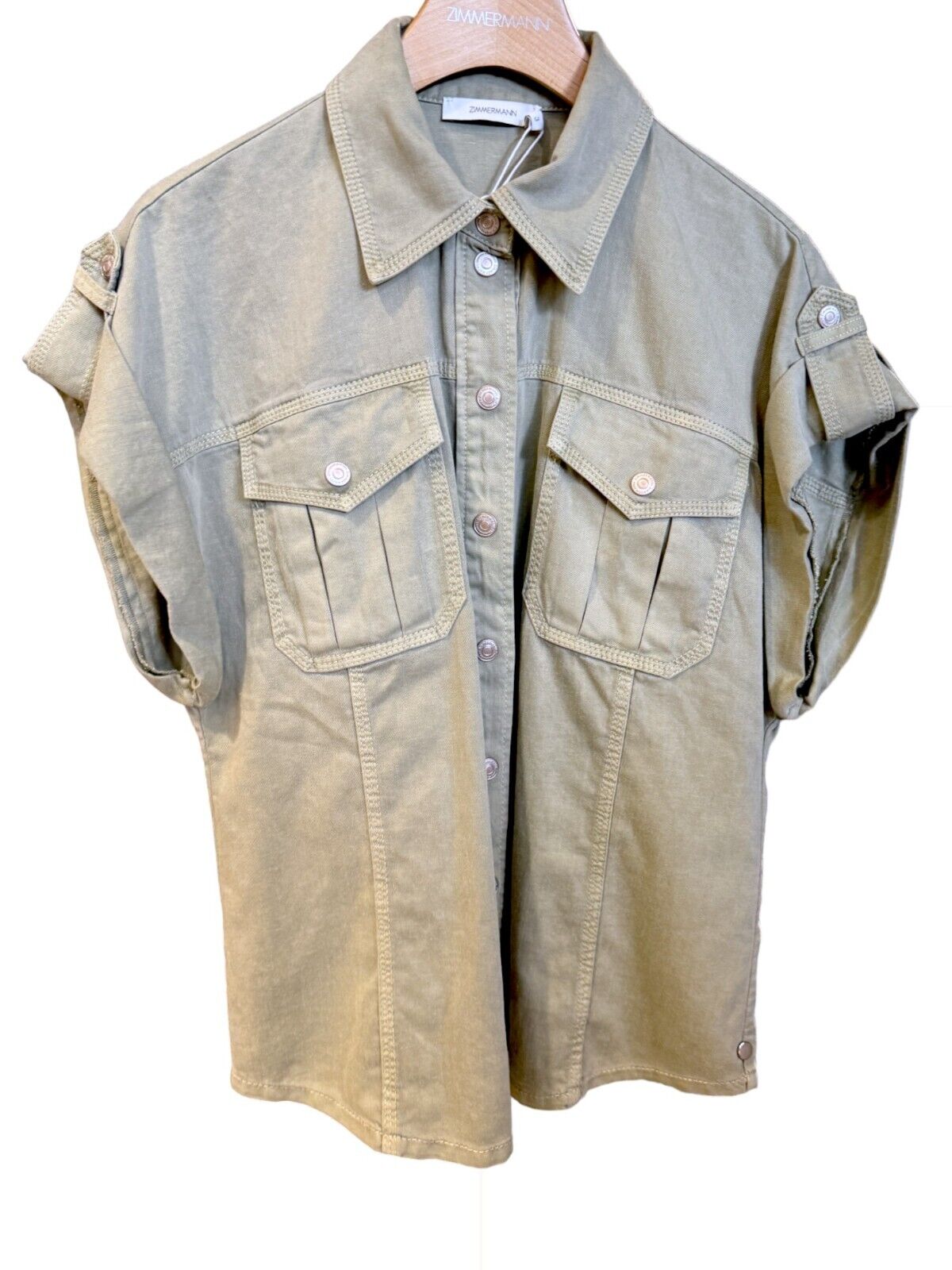 Zimmermann August Denim Utility Shirt | Khaki Denim, Pockets, Shoulder Tabs