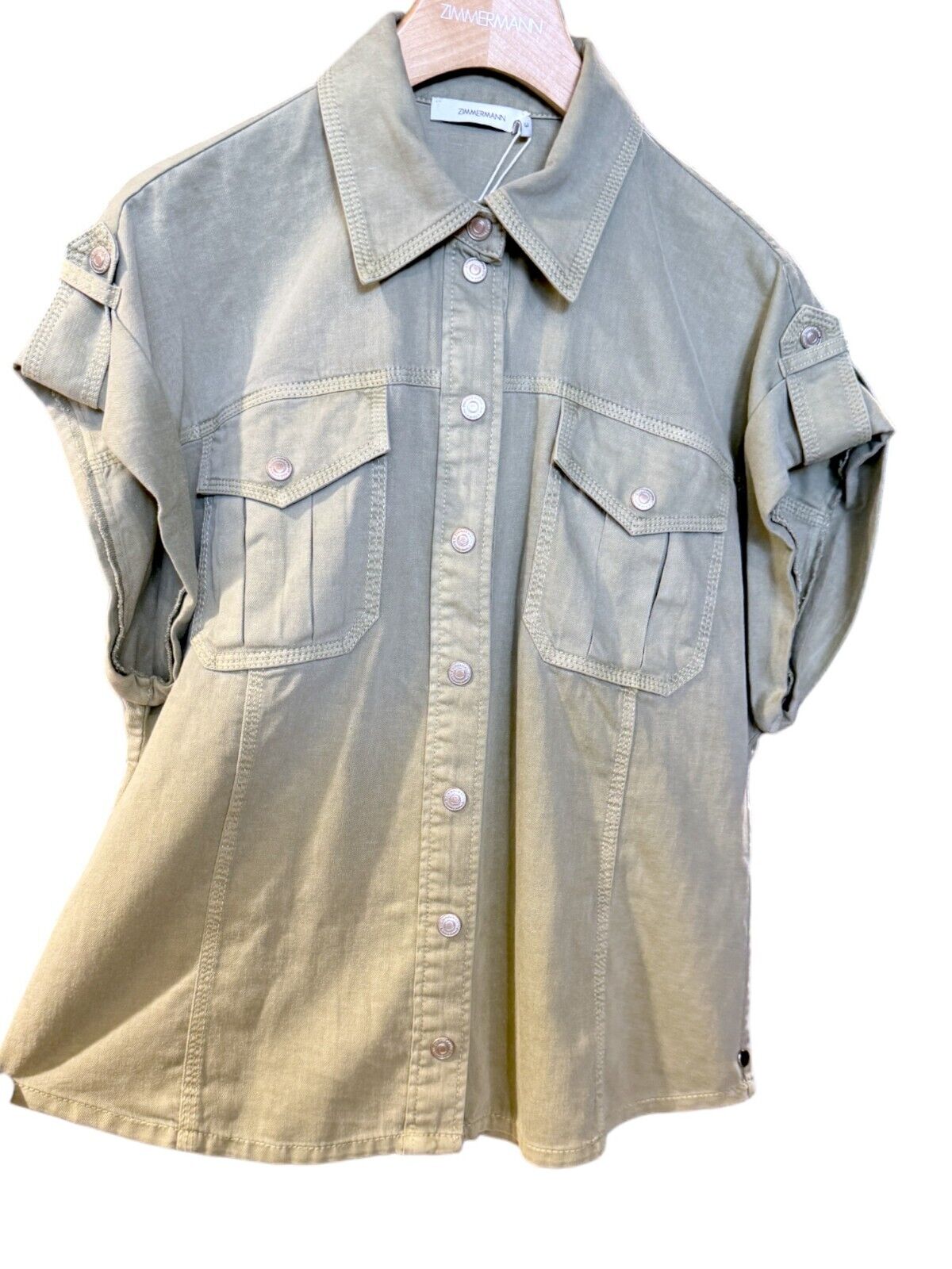 Zimmermann August Denim Utility Shirt | Khaki Denim, Pockets, Shoulder Tabs