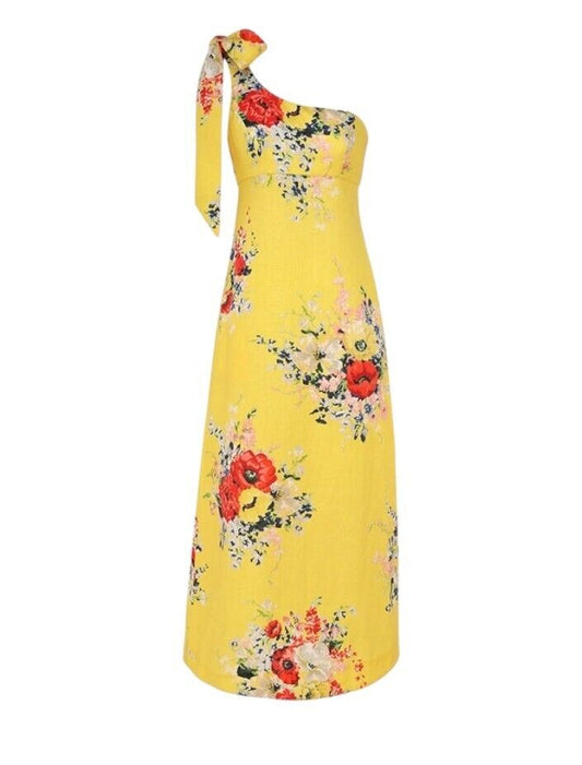 Zimmermann Alight Asymmetric Midi Dress | Yellow Floral, One Shoulder Tie, Linen