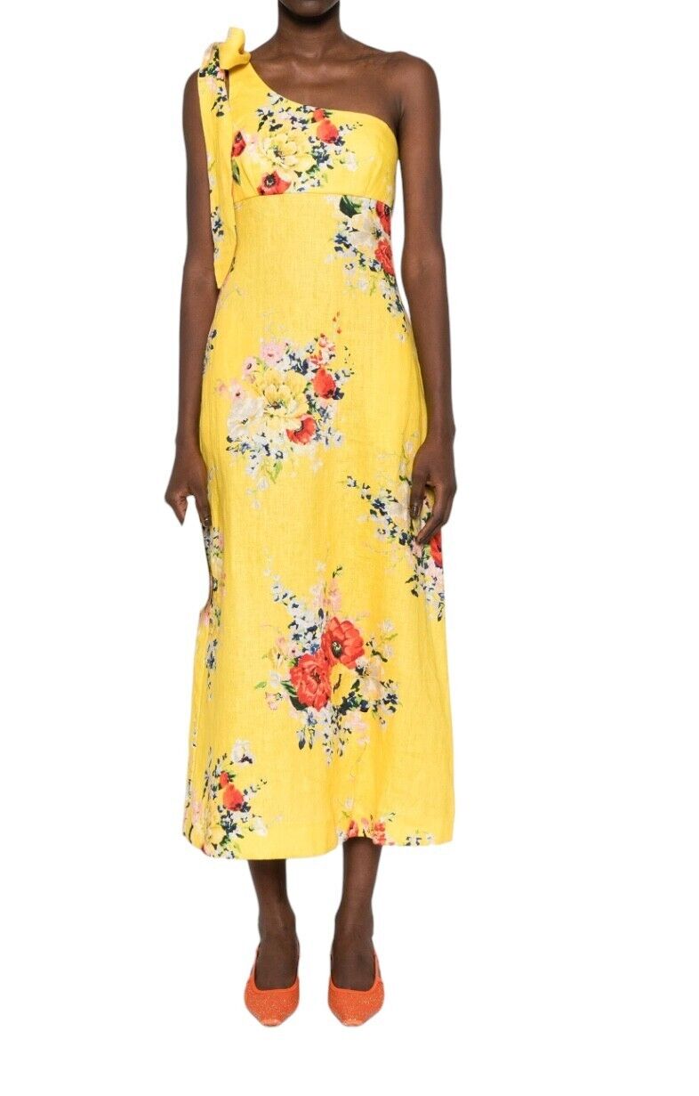 Zimmermann Alight Asymmetric Midi Dress | Yellow Floral, One Shoulder Tie, Linen