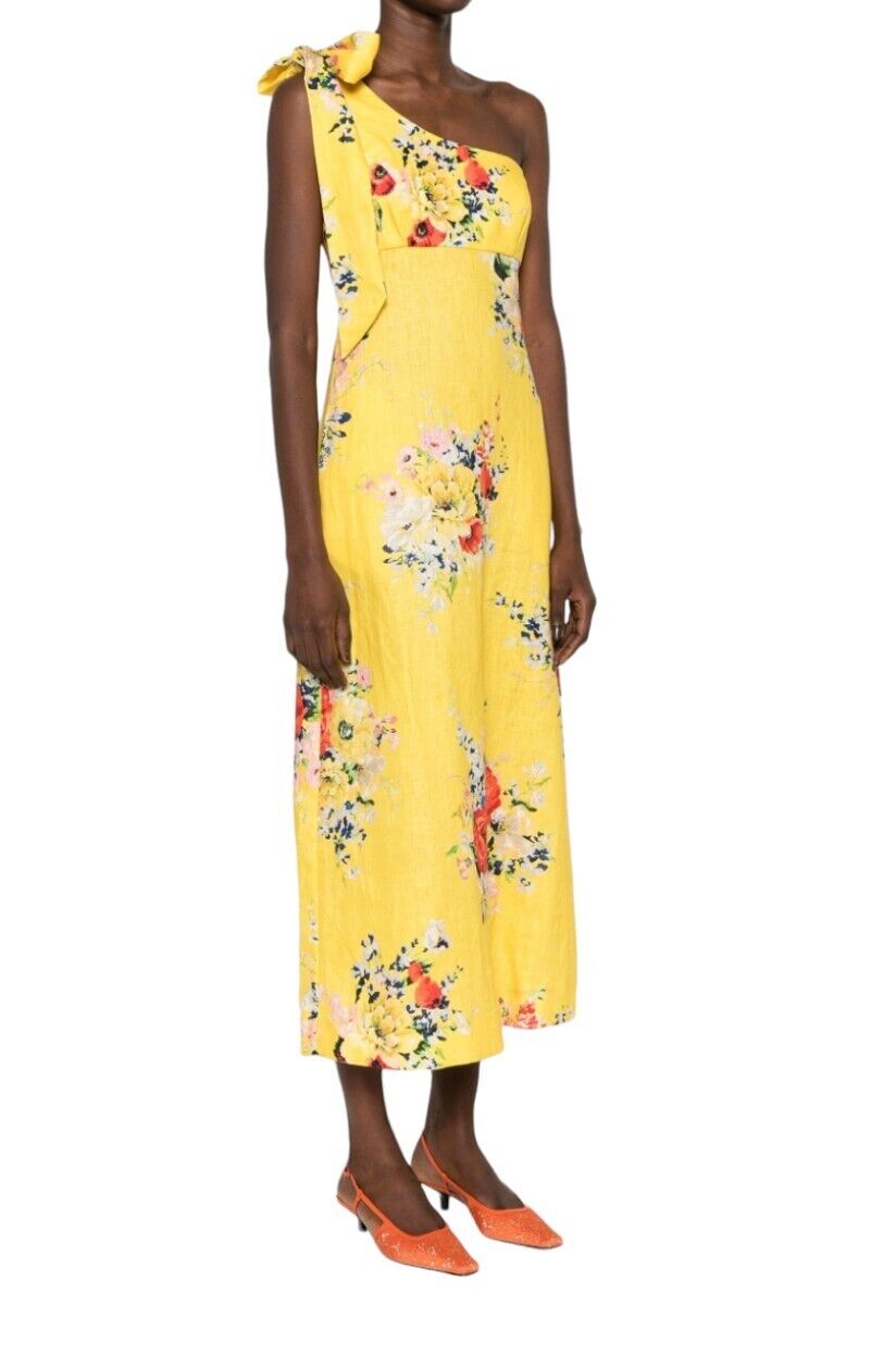 Zimmermann Alight Asymmetric Midi Dress | Yellow Floral, One Shoulder Tie, Linen