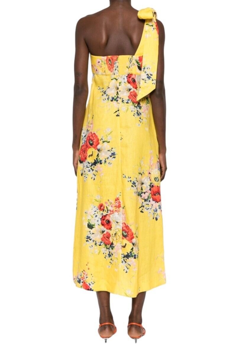 Zimmermann Alight Asymmetric Midi Dress | Yellow Floral, One Shoulder Tie, Linen