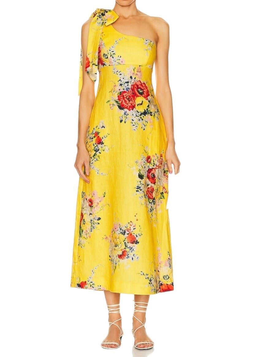 Zimmermann Alight Asymmetric Midi Dress | Yellow Floral, One Shoulder Tie, Linen