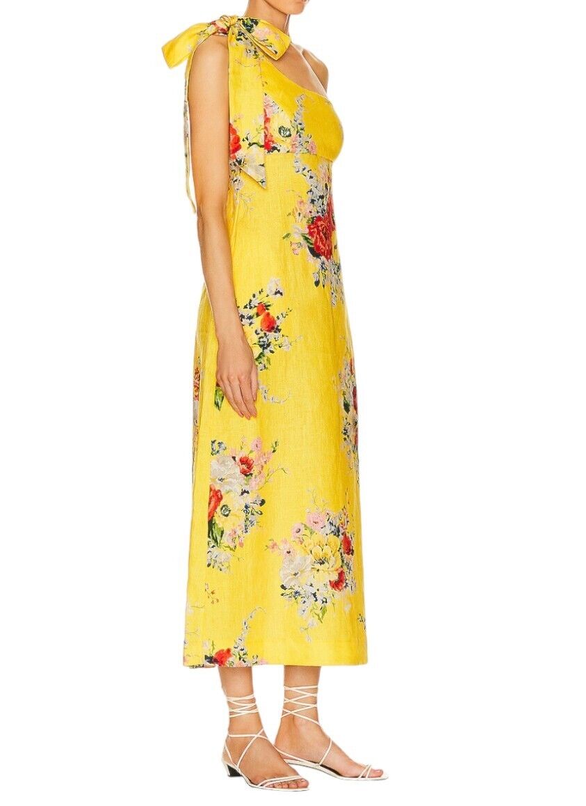 Zimmermann Alight Asymmetric Midi Dress | Yellow Floral, One Shoulder Tie, Linen