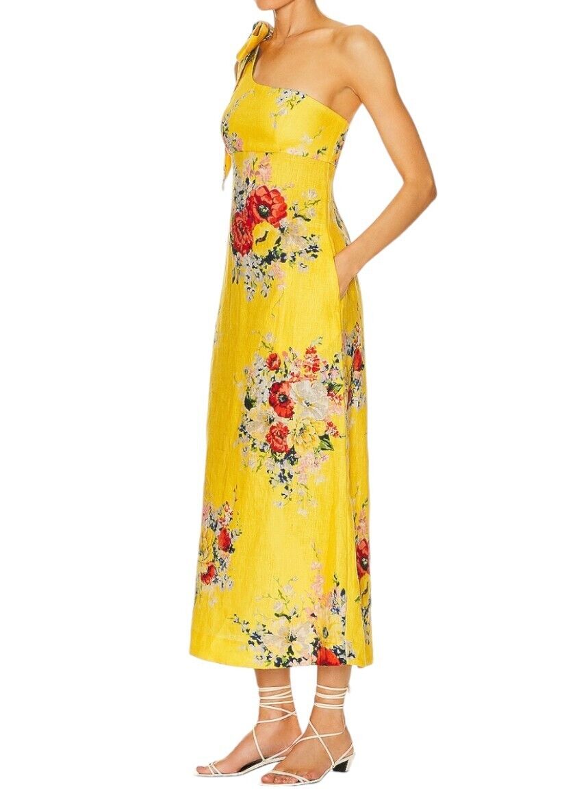 Zimmermann Alight Asymmetric Midi Dress | Yellow Floral, One Shoulder Tie, Linen