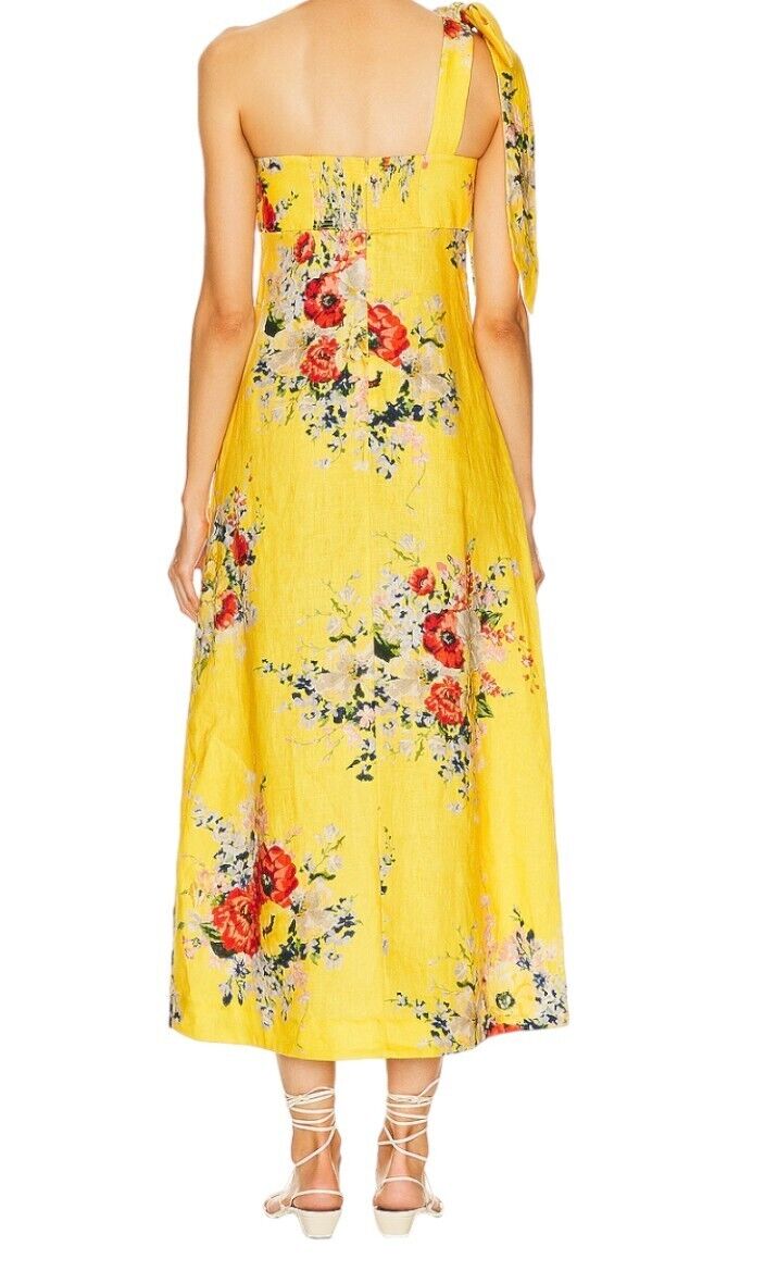 Zimmermann Alight Asymmetric Midi Dress | Yellow Floral, One Shoulder Tie, Linen