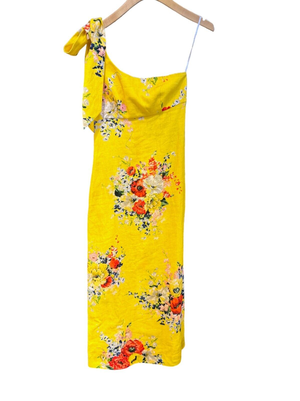 Zimmermann Alight Asymmetric Midi Dress | Yellow Floral, One Shoulder Tie, Linen