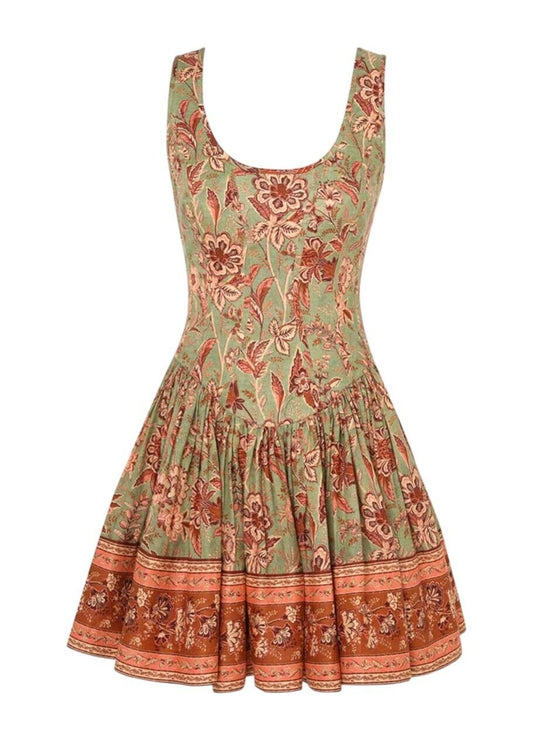 Zimmermann Junie Panelled Mini Dress |Khaki/Brown Floral, Open Back, Fit & Flare