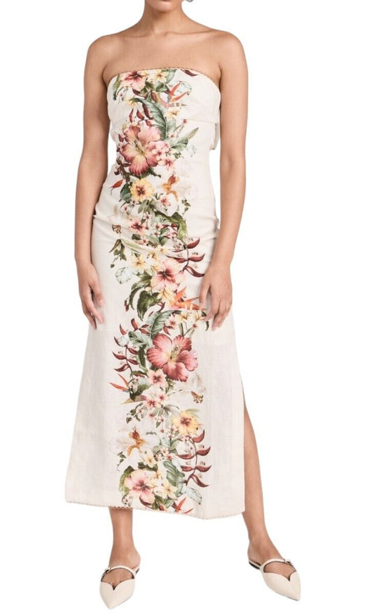 Zimmermann Lexi Column Dress | Ivory Palm, Off-White, Linen, Floral