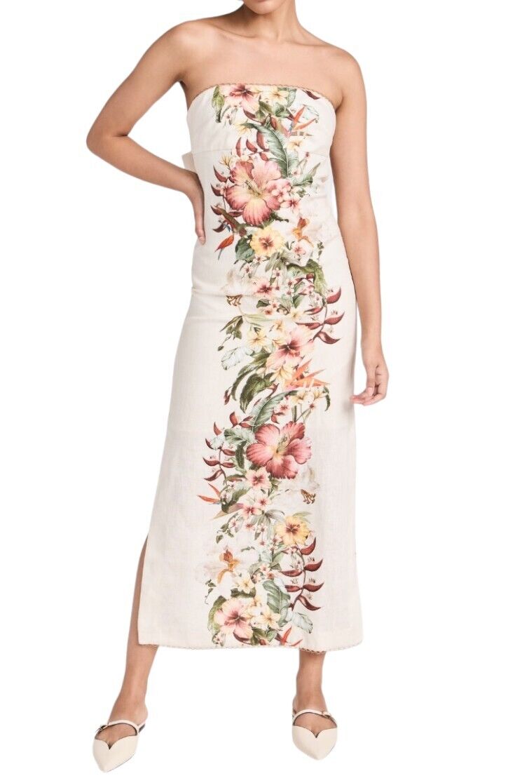 Zimmermann Lexi Column Dress | Ivory Palm, Off-White, Linen, Floral