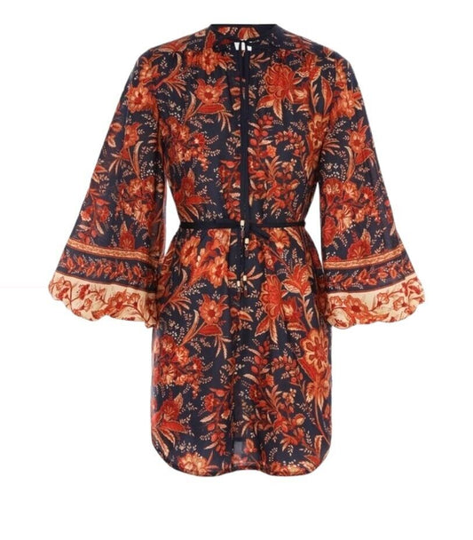 Zimmermann Junie Tunic Top or Dress | Navy Floral, Satin 100% Silk, Waist Belt