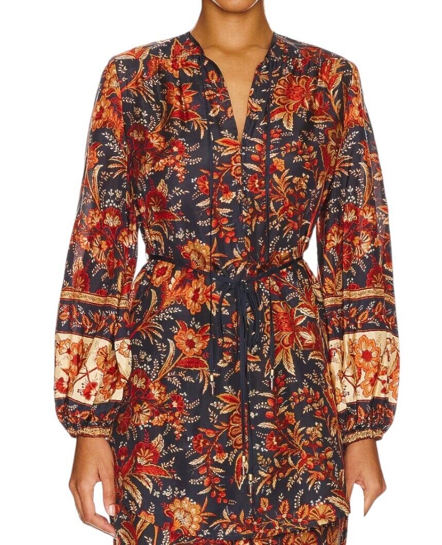 Zimmermann Junie Tunic Top or Dress | Navy Floral, Satin 100% Silk, Waist Belt