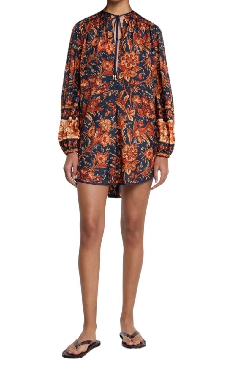 Zimmermann Junie Tunic Top or Dress | Navy Floral, Satin 100% Silk, Waist Belt