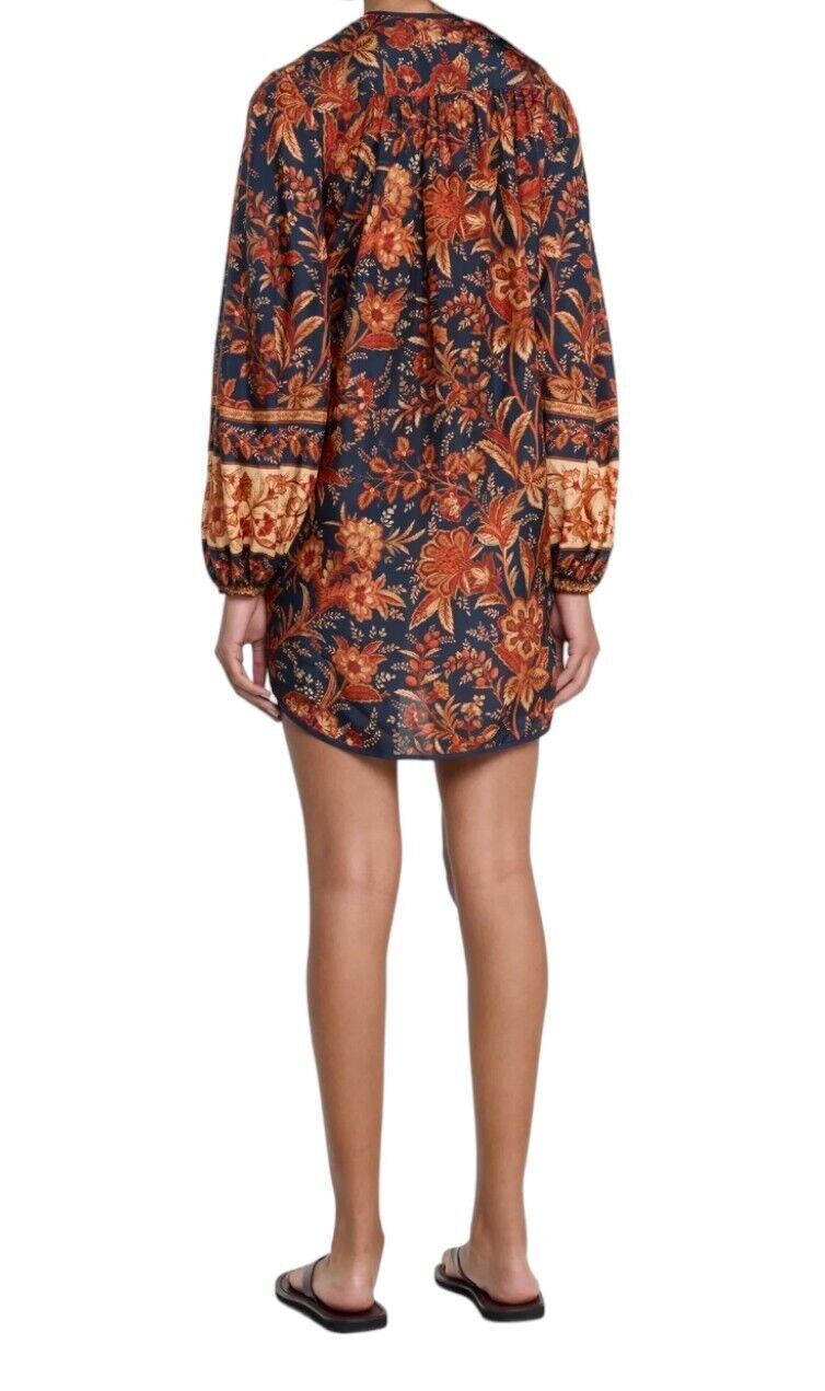 Zimmermann Junie Tunic Top or Dress | Navy Floral, Satin 100% Silk, Waist Belt