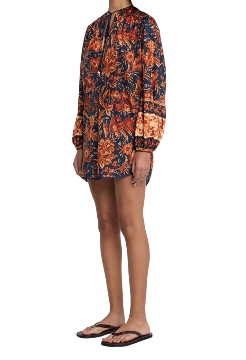 Zimmermann Junie Tunic Top or Dress | Navy Floral, Satin 100% Silk, Waist Belt