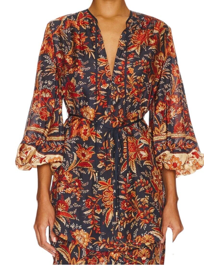 Zimmermann Junie Tunic Top or Dress | Navy Floral, Satin 100% Silk, Waist Belt