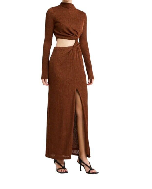 CAMILLA & MARC Haywood Twisted Dress | Midi, Brown Cut Out, Slit, High Neck