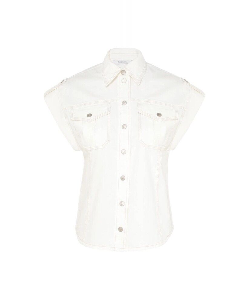 Zimmermann Junie Denim Utility Shirt | Vintage White Denim, Pocket, Shoulder Tab