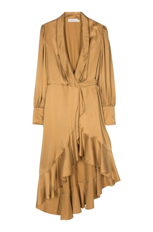 Zimmermann Silk Wrap Midi Dress |Honey/Gold, Sueded Silk Cocktail, Dolman Sleeve