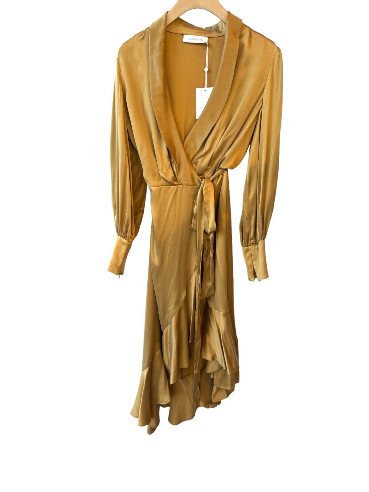 Zimmermann Silk Wrap Midi Dress |Honey/Gold, Sueded Silk Cocktail, Dolman Sleeve