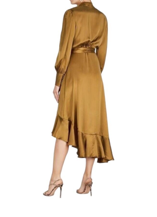 Zimmermann Silk Wrap Midi Dress |Honey/Gold, Sueded Silk Cocktail, Dolman Sleeve